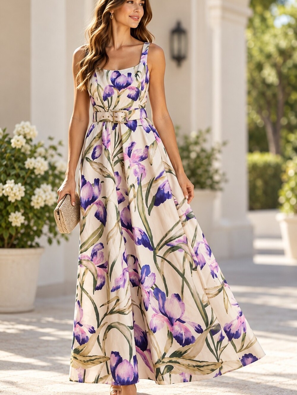 Julia Jordan NWT Floral Square Neck Belted Maxi Dress Pink Purple White Size 10